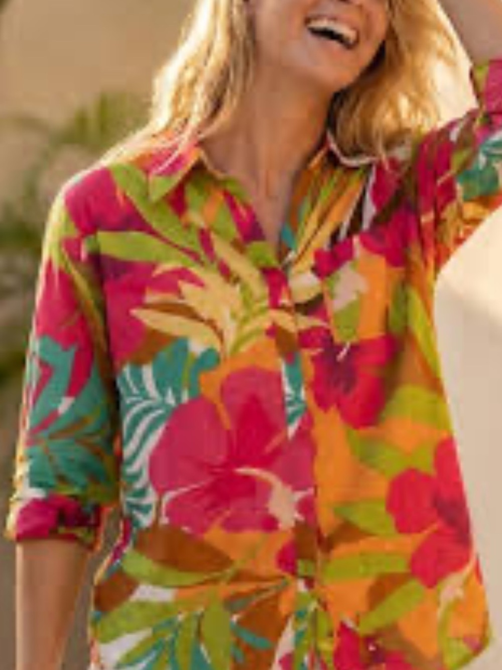 True Destinations Beach Cover-Up / Tunic Top Sz L w MEASUREMENTS Tropical Print